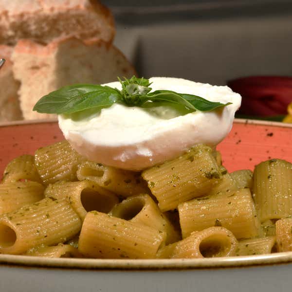Rigatoni with pesto and burrata
